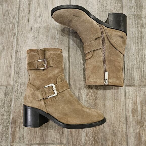 Aquatalia Boots Womens Size 6 Billina Taupe Suede Double Buckle Ankle Block Heel - Picture 3 of 16